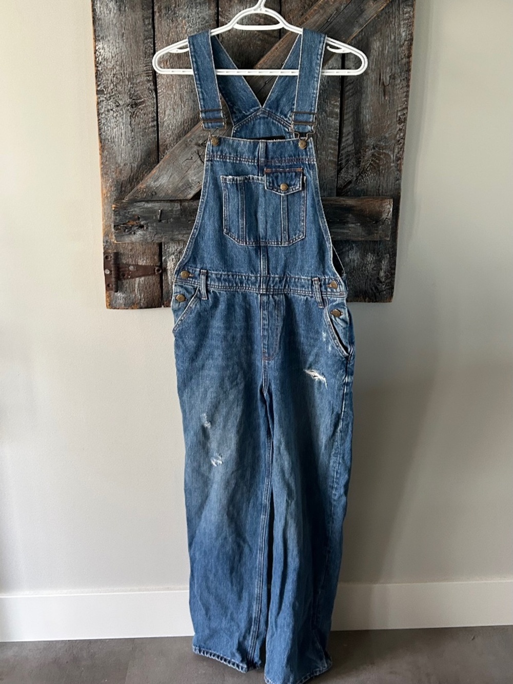 Women's River Island Stone Wash Denim Overalls w/Factoring Distressing